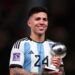 LUSAIL CITY, QATAR - DECEMBER 18: Enzo Fernandez of Argentina poses with his young player of the tournament award during the FIFA World Cup Qatar 2022 Final match between Argentina and France at Lusail Stadium on December 18, 2022 in Lusail City, Qatar. (Photo by Marc Atkins/Getty Images)