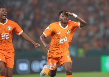 Simon Adingra of Cote dIvoire celebrates victory during the 2023 Africa Cup of Nations match between Mali and Ivory Coast held at Peace Stadium in Bouake, Cote DIvoire on 03 February 2024 Weam Mostafa/Sports Inc - Photo by Icon Sport
