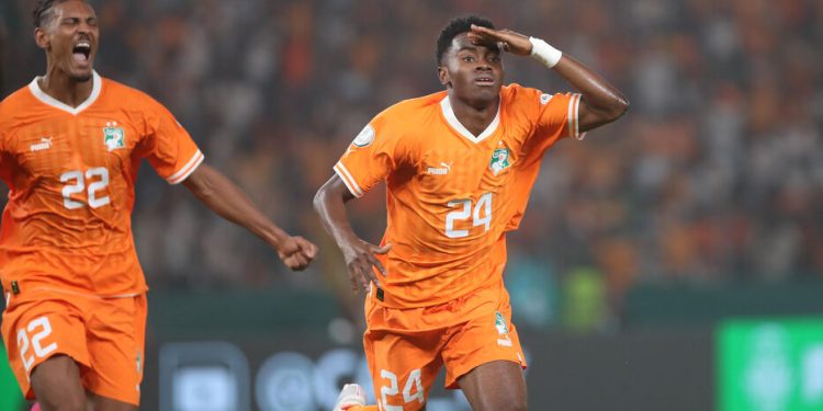 Simon Adingra of Cote dIvoire celebrates victory during the 2023 Africa Cup of Nations match between Mali and Ivory Coast held at Peace Stadium in Bouake, Cote DIvoire on 03 February 2024 Weam Mostafa/Sports Inc - Photo by Icon Sport