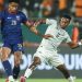 Cape Verde's midfielder #26 Kevin Pina (L) fights for the ball with South Africa's forward #11 Themba Zwane during the Africa Cup of Nations (CAN) 2024 quarter-final football match between Cape Verde and South Africa at the Stade Charles Konan Banny in Yamoussoukro on February 3, 2024. (Photo by FRANCK FIFE / AFP)