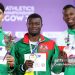 GLASGOW, SCOTLAND - MARCH 03:  Silver medallist Yasser Mohammed Triki of Team Algeria, gold medallist Hugues Fabrice Zango of Team Burkina Faso and bronze medallist Tiago Pereira of Team Portugal pose for a photo during the medal ceremony for the Men's Triple Jump Final on Day Three of the World Athletics Indoor Championships Glasgow 2024 at Emirates Arena on March 03, 2024 in Glasgow, Scotland. (Photo by Michael Steele/Getty Images)