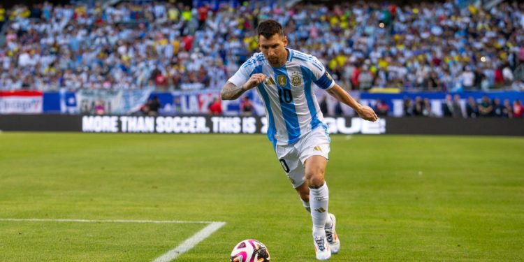 CHICAGO, IL - JUNE 9: Lionel Messi #10 of Argentina takes a free kick during a game between Ecuador and Argentina at Soldier Field on June 9, 2024 in Chicago, Illinois. (Photo by Michael Miller/ISI Photos/Getty Images)