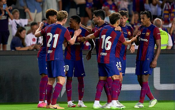 BARCELONA, SPAIN - AUGUST 08: Players of FC Barcelona celebrating a goal during the Joan Gamper Trophy match between FC Barcelona and Tottenham Hotspur at Estadi Olimpic Lluis Companys on August 08, 2023 in Barcelona, Spain. (Photo by Pedro Salado/Quality Sport Images/Getty Images)