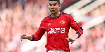 MANCHESTER, ENGLAND - MAY 12: Casemiro of Manchester United during the Premier League match between Manchester United and Arsenal FC at Old Trafford on May 12, 2024 in Manchester, England.(Photo by Robbie Jay Barratt - AMA/Getty Images)
