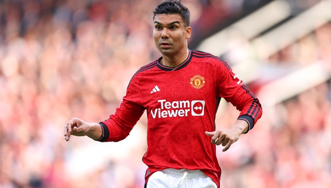 MANCHESTER, ENGLAND - MAY 12: Casemiro of Manchester United during the Premier League match between Manchester United and Arsenal FC at Old Trafford on May 12, 2024 in Manchester, England.(Photo by Robbie Jay Barratt - AMA/Getty Images)