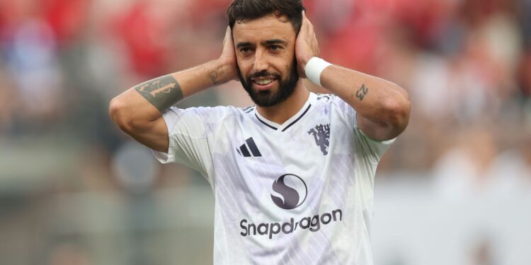 EAST RUTHERFORD, NEW JERSEY - JULY 26: Bruno Fernandes of Manchester United celebrates after scoring the team's first goal via penalty during the Premier League Summer Series match between Manchester United and West Ham United FC at MetLife Stadium on July 26, 2025 in East Rutherford, New Jersey. (Photo by Vincent Carchietta/Getty Images)