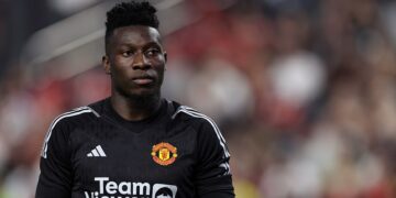 LAS VEGAS, NEVADA - JULY 30: Goalkeeper Andre Onana of Manchester United during the pre-season friendly match between Manchester United and Borussia Dortmund at Allegiant Stadium on July 30, 2023 in Las Vegas, Nevada. (Photo by Matthew Ashton - AMA/Getty Images)