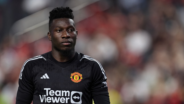 LAS VEGAS, NEVADA - JULY 30: Goalkeeper Andre Onana of Manchester United during the pre-season friendly match between Manchester United and Borussia Dortmund at Allegiant Stadium on July 30, 2023 in Las Vegas, Nevada. (Photo by Matthew Ashton - AMA/Getty Images)
