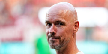 ENSCHEDE, NETHERLANDS - SEPTEMBER 8: coach Erik ten Hag of FC Twente 2010 & 2011 looks on during the Farewell match of Wout Brama between FC Twente 2010 & 2011 and Wouts All Stars at De Grolsch Veste on September 8, 2023 in Enschede, Netherlands. (Photo by Patrick Goosen/BSR Agency/Getty Images)