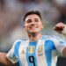 Argentina's forward #09 Julian Alvarez celebrates scoring his team's first goal during the Conmebol 2024 Copa America tournament semi-final football match between Argentina and Canada at MetLife Stadium, in East Rutherford, New Jersey on July 9, 2024. (Photo by CHARLY TRIBALLEAU / AFP)